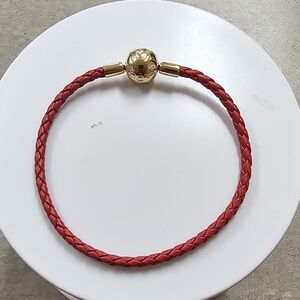 Pandora Moments Red Woven Leather Bracelet14k gold plating